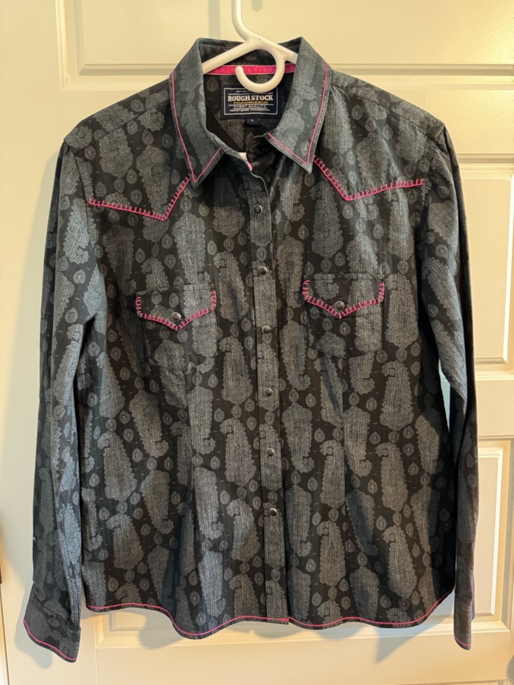 Rough Stock Panhandle Slim Western-Style Cotton Shirt w/ Pink Stitching, Size L
